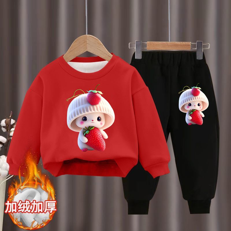 Girls' autumn and winter sweet sweatshirt set  new sports velvet thickened two-piece set Western style cartoon children's clothing