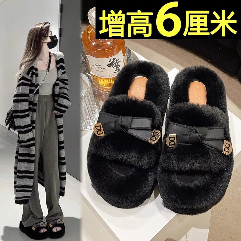網紅黑色歐貨毛毛拖鞋女外穿2023秋冬季新款高級感厚底增高棉拖鞋