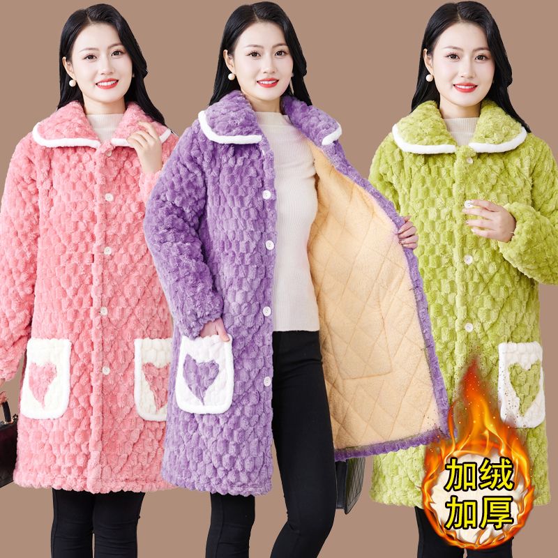 加絨加厚罩衣女中長款媽媽裝棉服冬季寬鬆大碼三層夾棉保暖厚棉襖