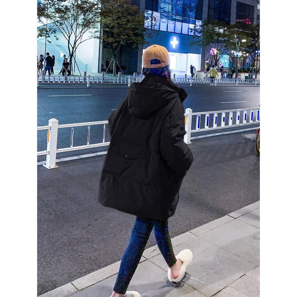 黑色连帽棉服女短款2023冬季新款韩版宽松小个子加厚工装棉衣外套