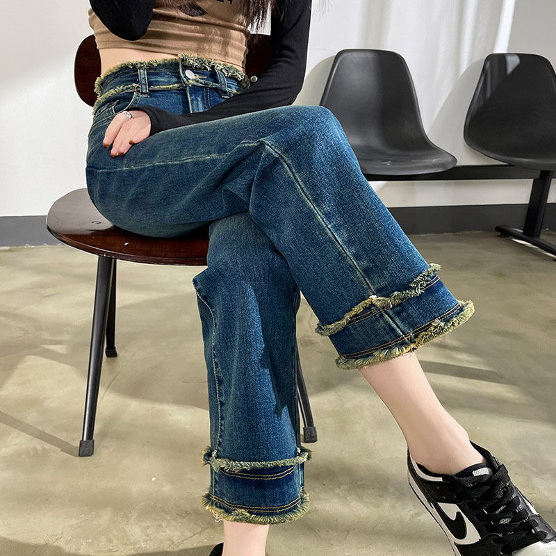 小個子顯高高腰高街毛邊煙管褲直筒牛仔褲女2023新款寬鬆九分褲