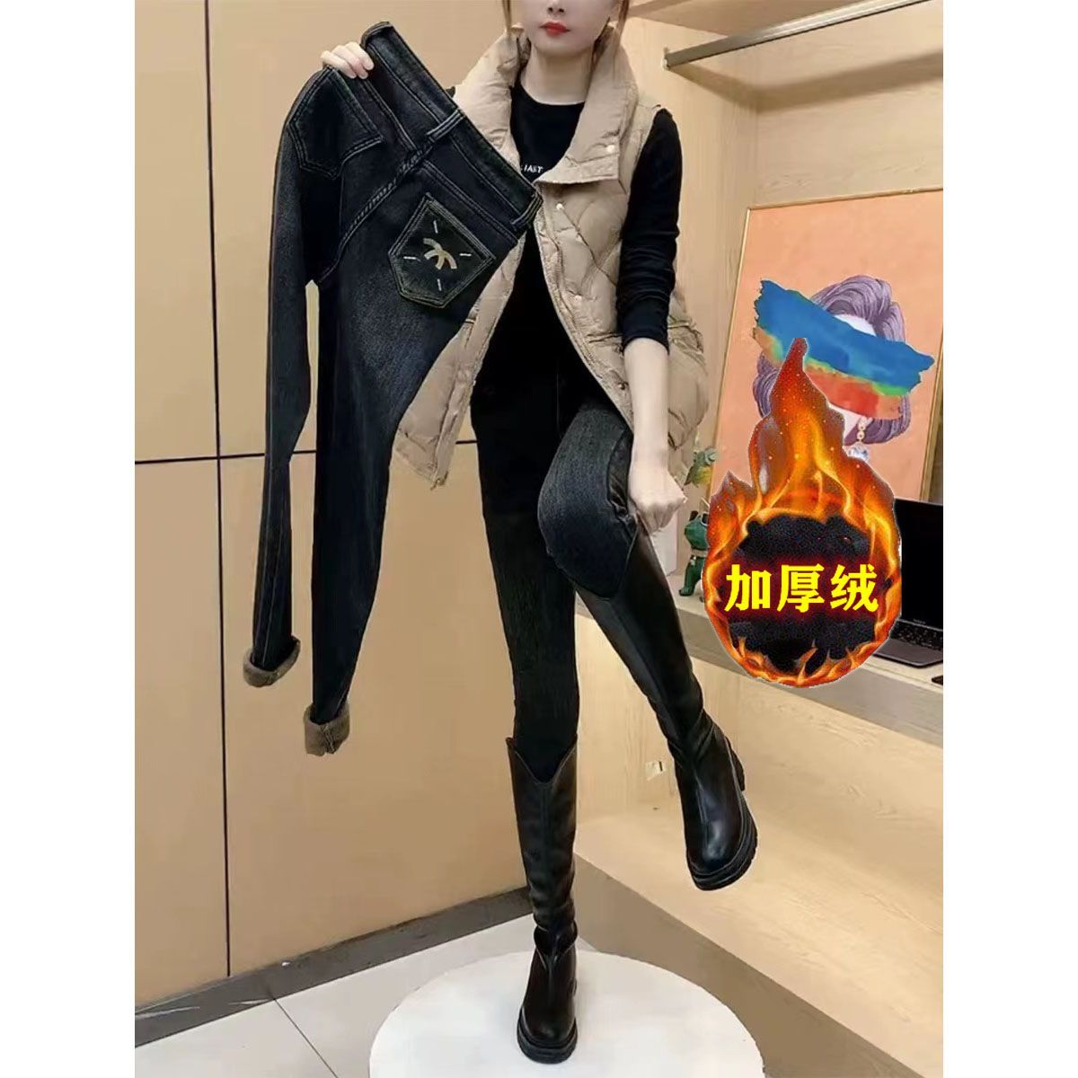 2023年秋冬新款黑色加絨加厚牛仔褲女高腰顯瘦彈力九分小腳鉛筆褲