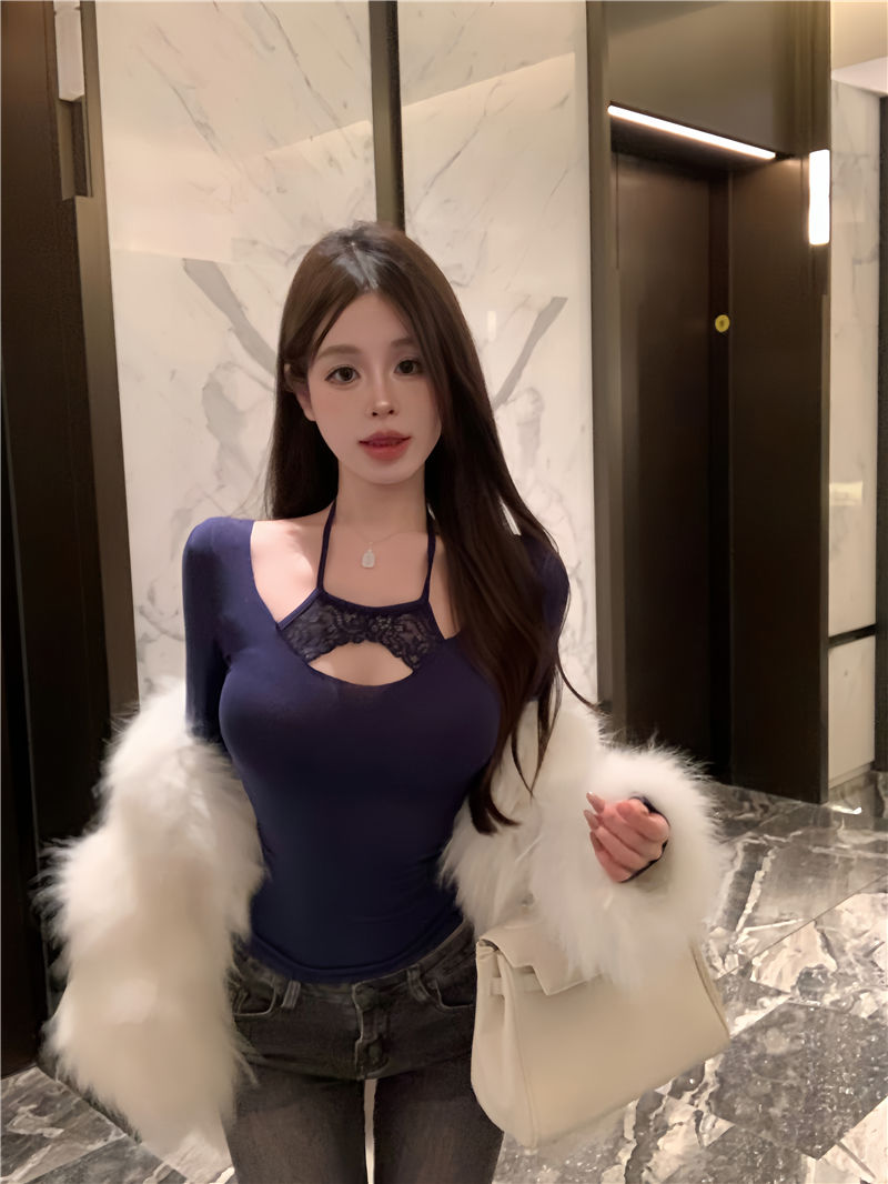 純欲風蕾絲掛脖鏤空長袖T恤女秋季露肩修身收腰短款內搭打底上衣