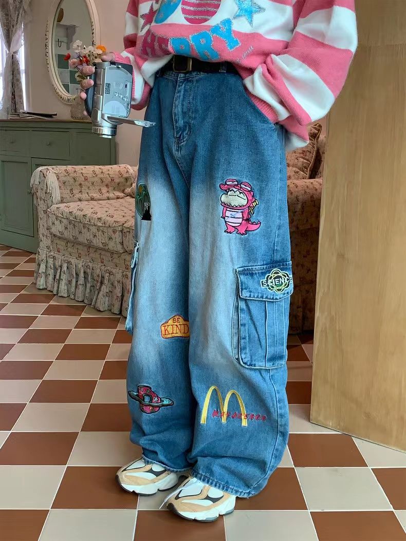 美式復古童趣卡通刺繡工裝褲女秋冬設計感高腰寬鬆顯瘦闊腿拖地褲