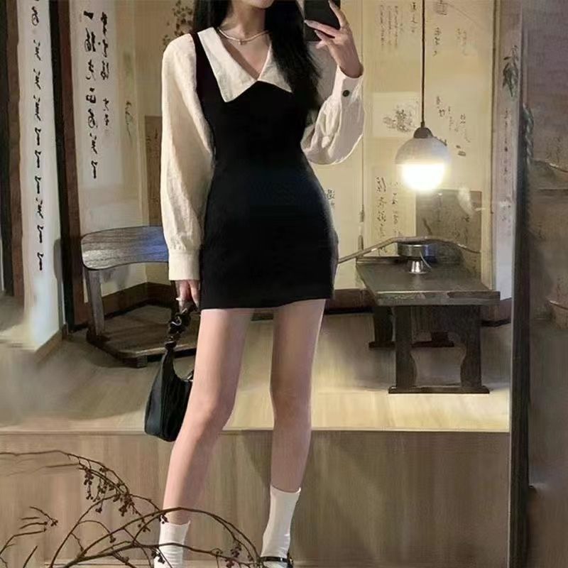 春秋季富家千金感學院風黑色辣妹包臀短裙假兩件襯衫長袖連衣裙女