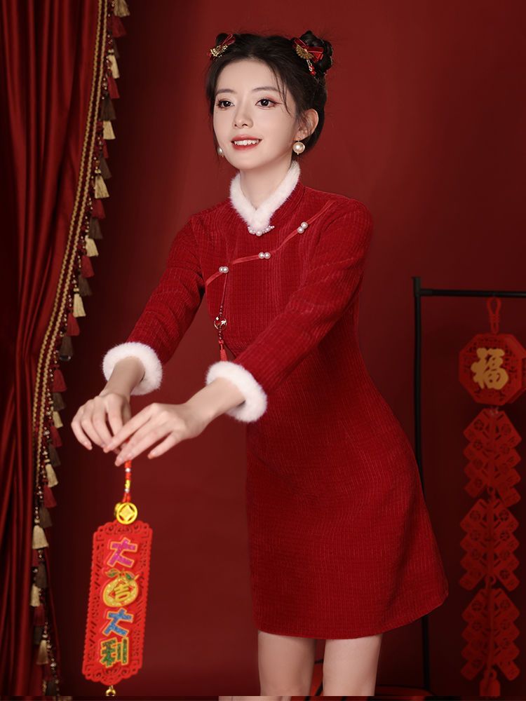 酒紅色新中式旗袍唐裝中國風短款小個子少女連衣裙2023年冬季新款
