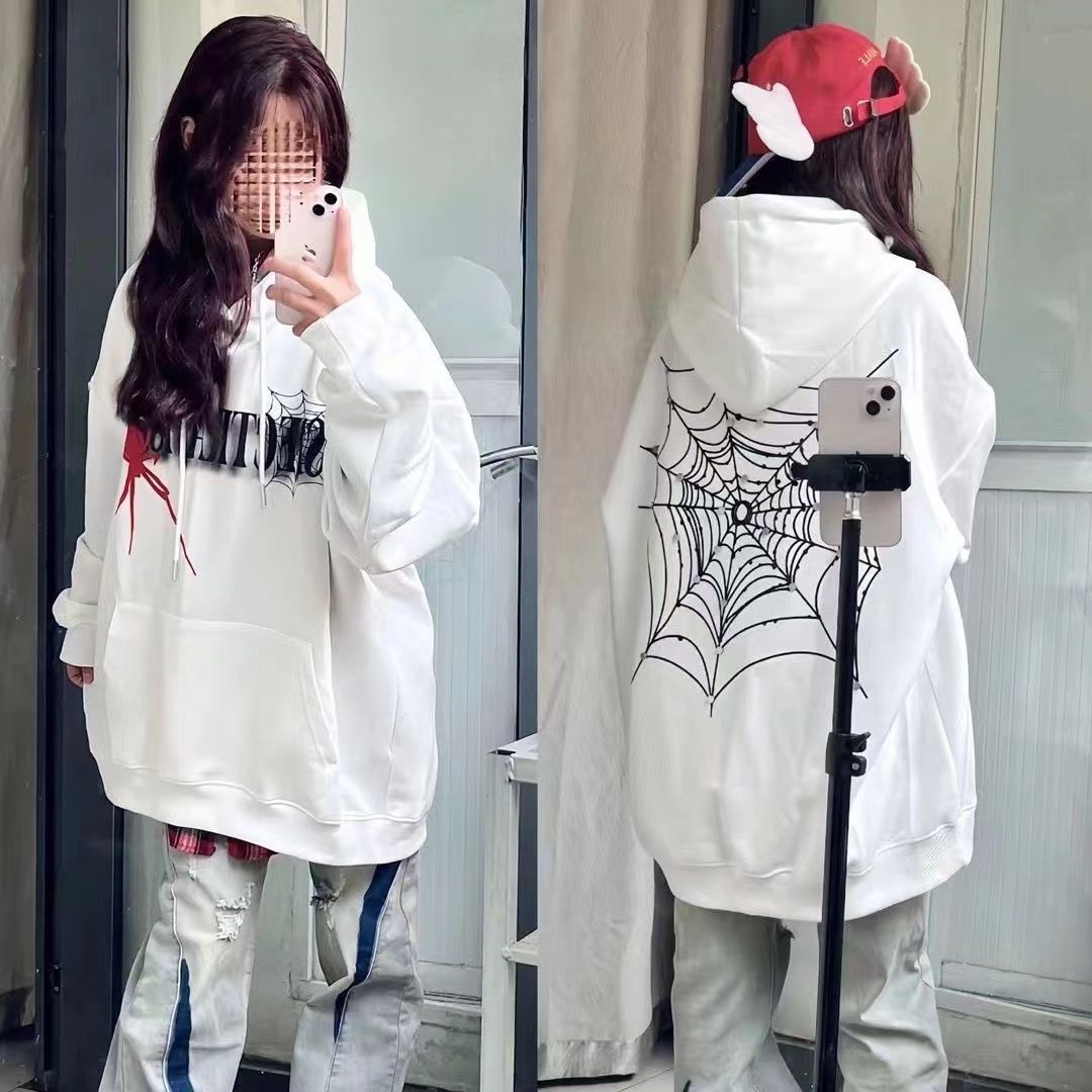 蜘蛛連帽衛衣女2023年秋冬季新款美式高街ins寬鬆情侶加絨厚上衣