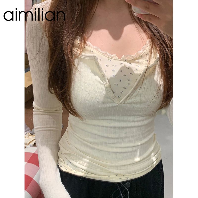 aimilian假兩件拼接碎花長袖t恤打底衫女秋冬內搭設計感短款上衣