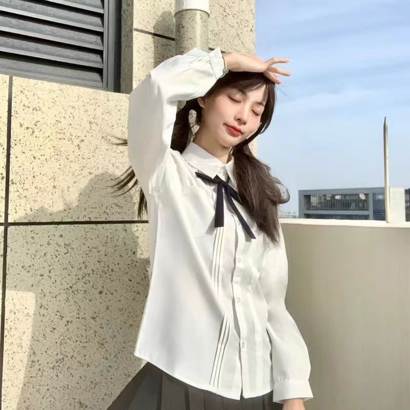 jk制服長袖春秋季尖領風琴褶基礎款日系通勤學院風奶白色襯衣女