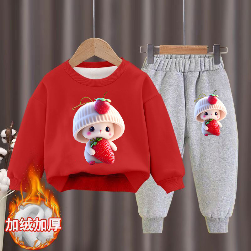 Girls' autumn and winter sweet sweatshirt set  new sports velvet thickened two-piece set Western style cartoon children's clothing