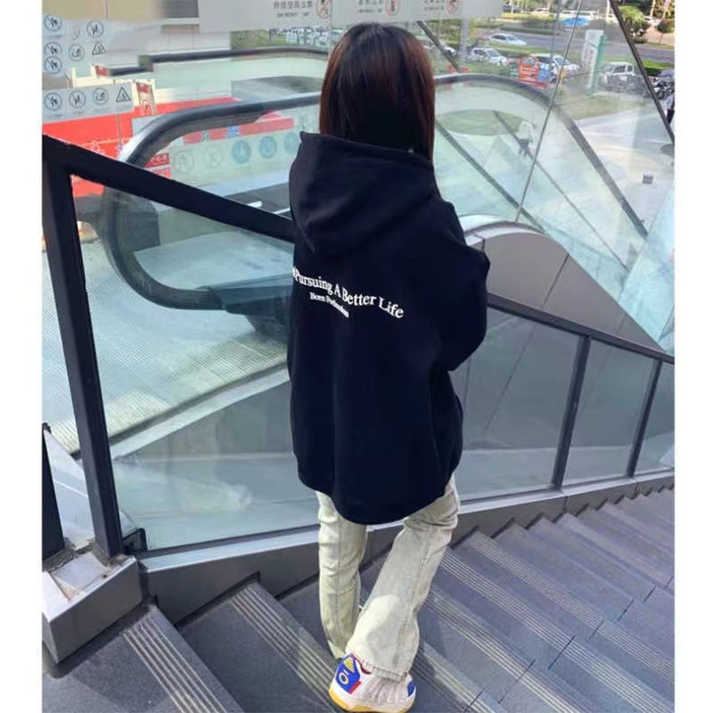 美式復古字母印花慵懶風連帽黑色衛衣女秋冬新款寬鬆休閒上衣潮牌