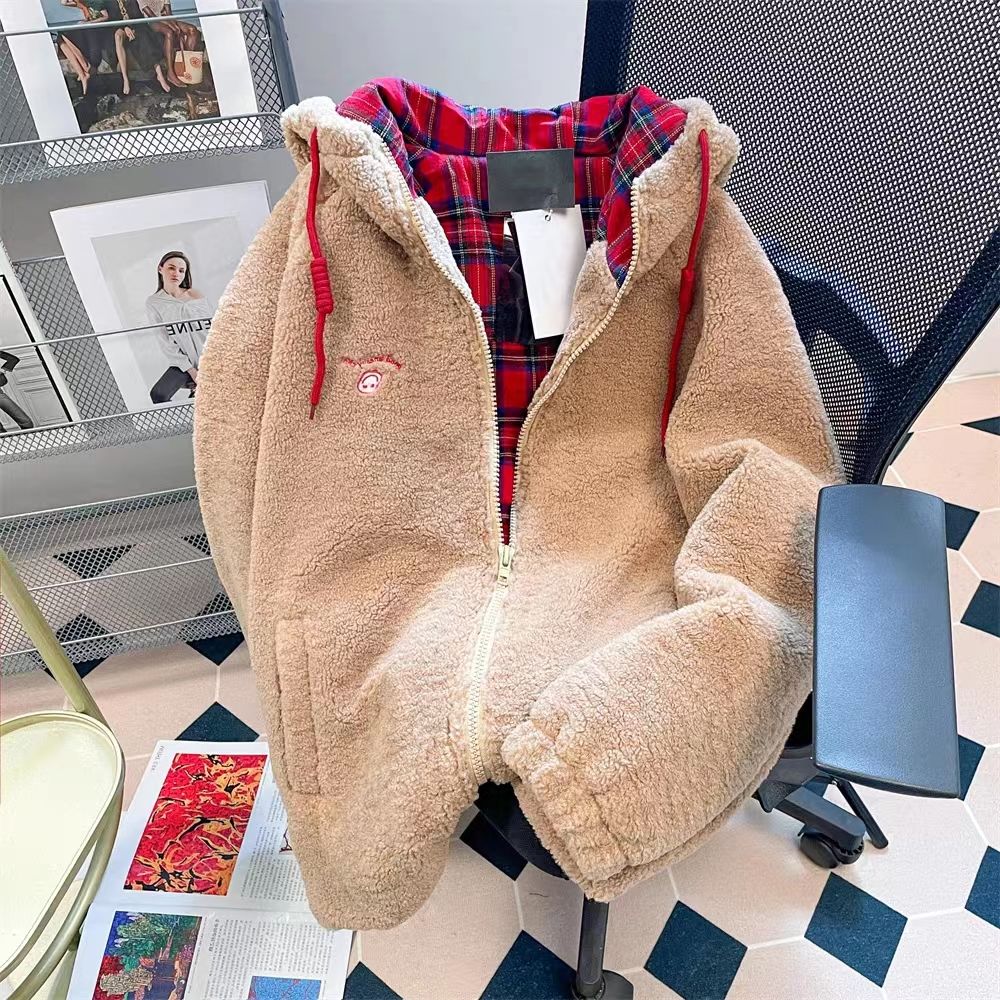 New lamb wool contrasting color plaid hooded cardigan sweatshirt 2023 autumn and winter new loose zipper jacket outer wear