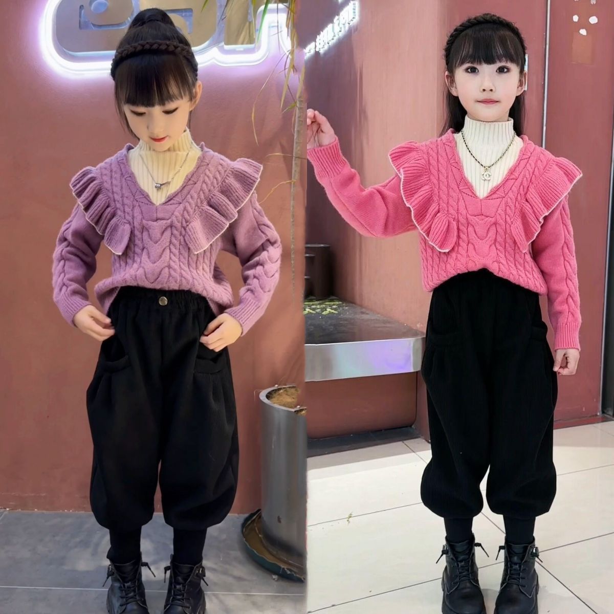 女童秋冬毛衣2023新款兒童針織衫中大童假兩件衣服時髦加厚兩件套