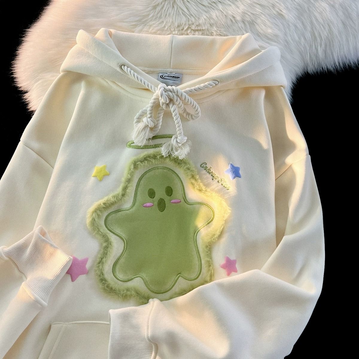 美式可愛星星小幽靈植絨刺繡連帽衛衣男女秋冬季百搭學院風情侶裝