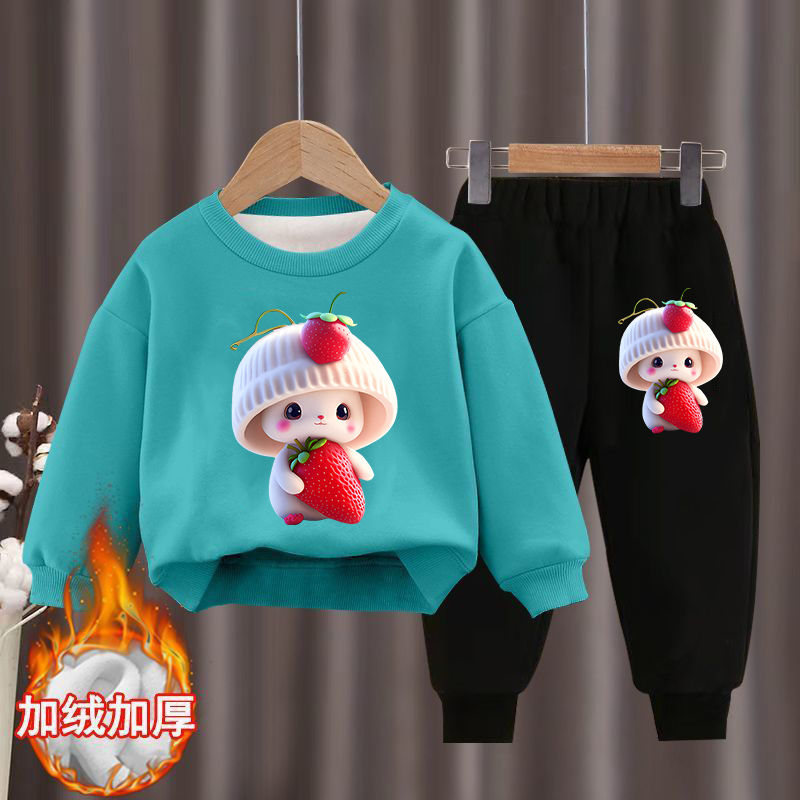 Girls' autumn and winter sweet sweatshirt set  new sports velvet thickened two-piece set Western style cartoon children's clothing