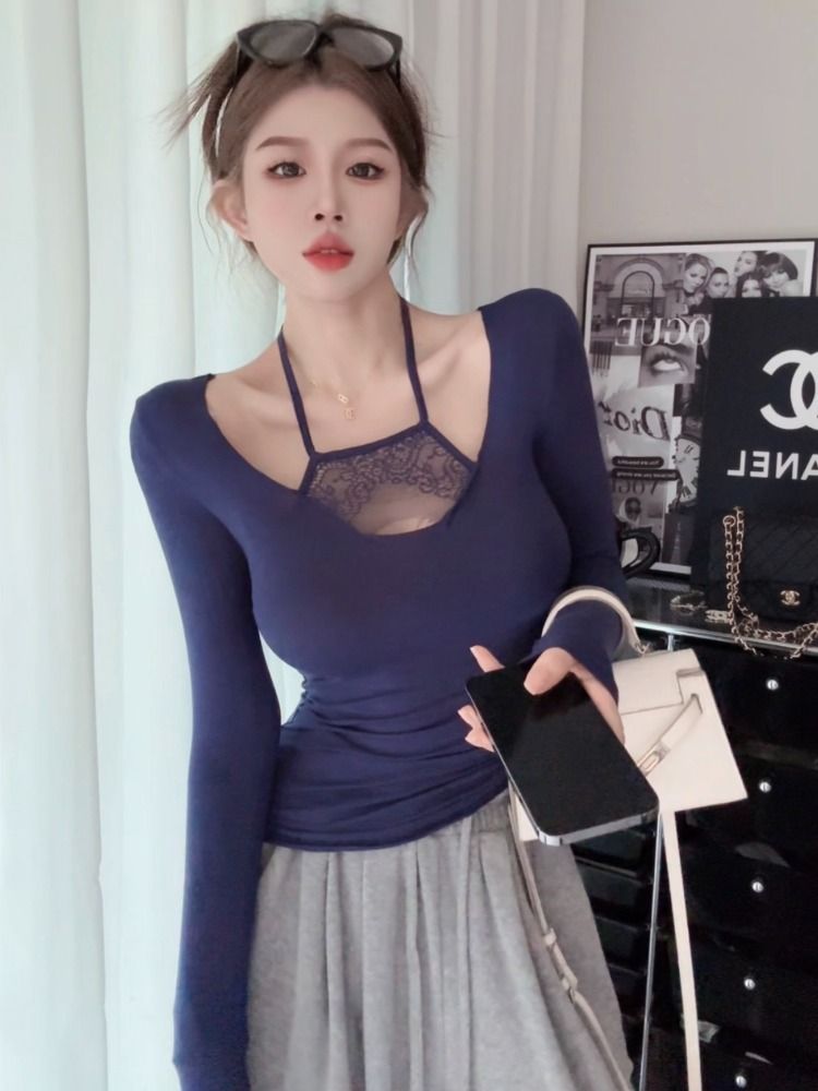 秋冬獨特别致甜辣妹掛脖氣質蕾絲修身打底衫女上衣設計感長袖內搭