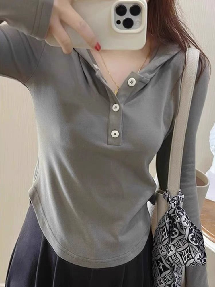 純欲風灰色連帽長袖T恤女秋季修身顯瘦內搭打底衫不規則上衣ins潮