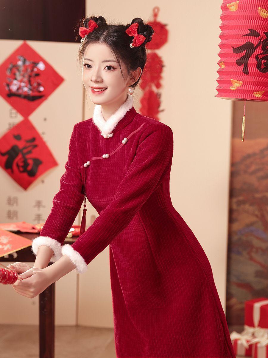 酒紅色旗袍敬酒服新娘2023年新款冬季長袖小個子訂婚禮服A擺短款