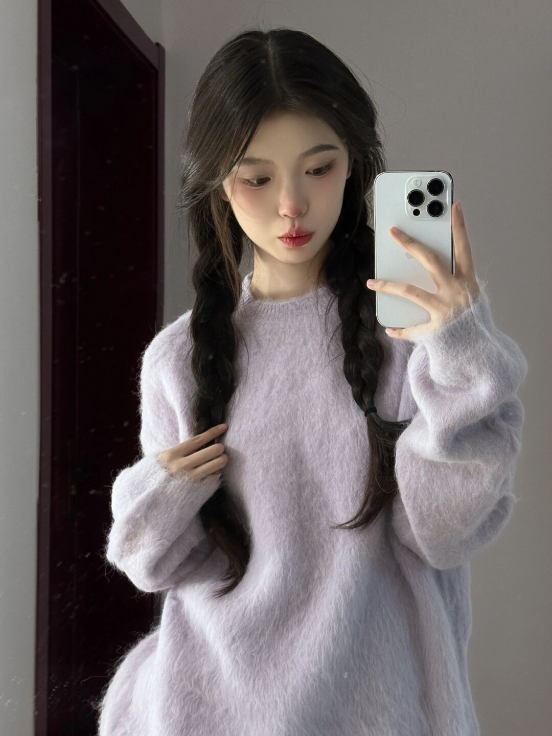 紫色圓領套頭毛衣女2023秋冬季新款軟糯外穿慵懶風加厚針織衫上衣