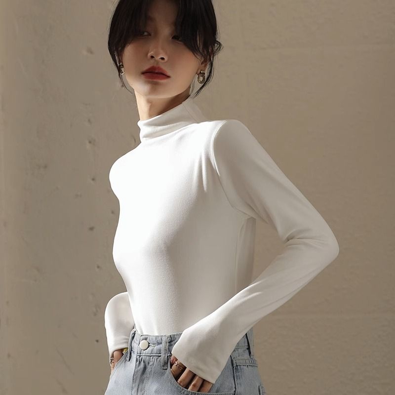 德絨白色半高領內搭打底衫女秋冬2023新款修身外穿洋氣T恤上衣潮
