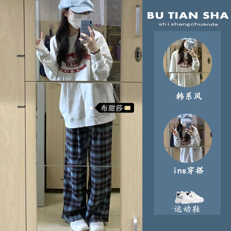 小個子學院風圓領印花衛衣女秋冬款oversize寬鬆休閒上衣褲子套裝