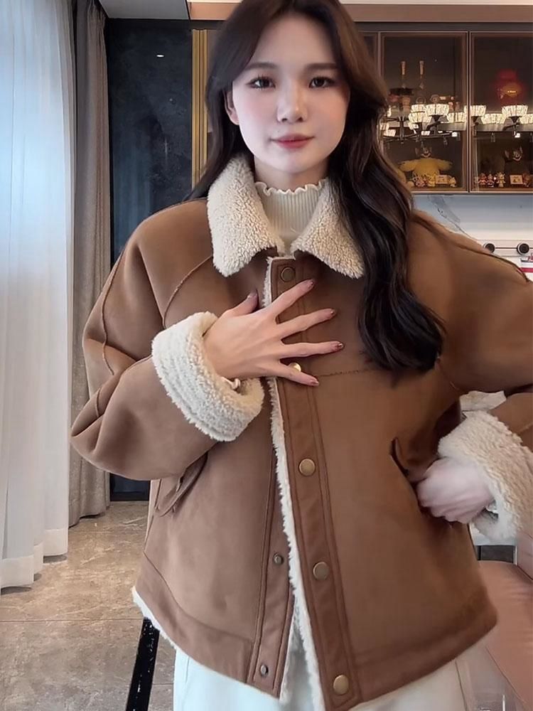 藍海奕諾加厚皮毛一體外套女2023冬季新款小個子寬鬆短羊羔毛棉衣