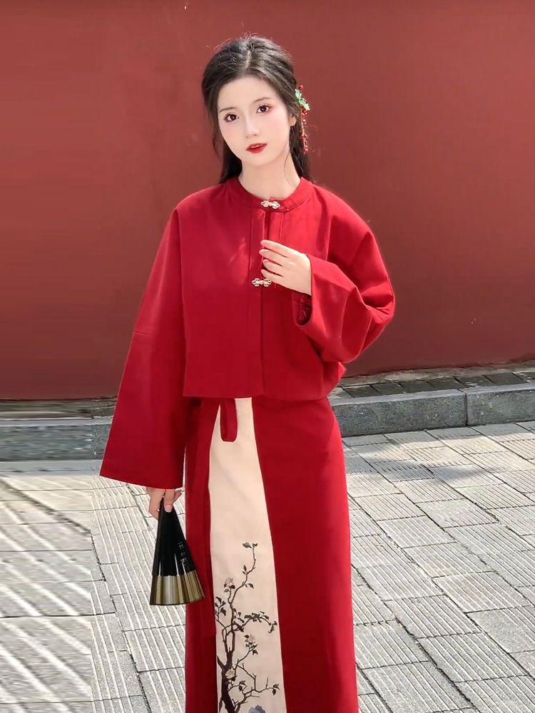 唐裝女中國風高端套裝秋冬2023新款時尚氣質紅色訂婚半身裙兩件套