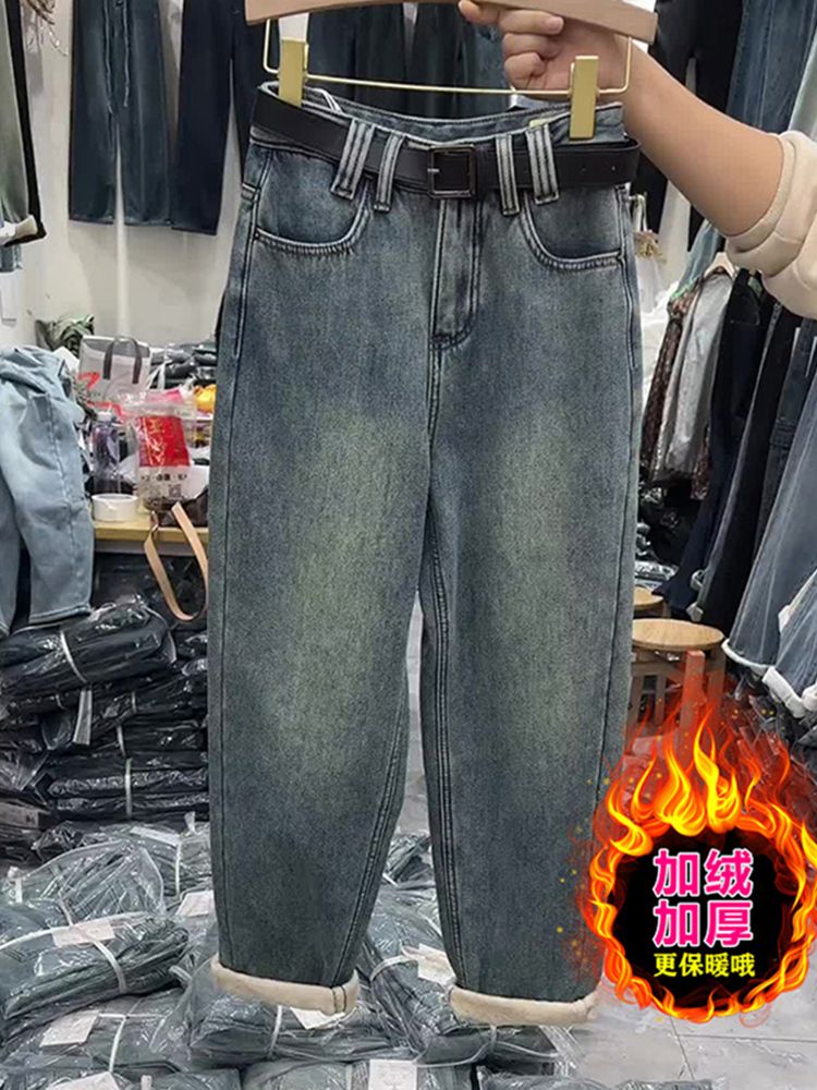 加絨牛仔褲女冬保暖胖mm顯瘦褲子梨形身材遮胯九分褲小個子哈倫褲