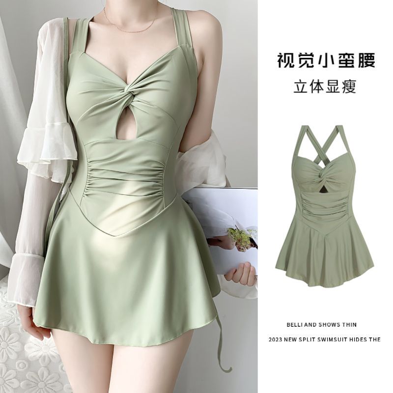 甜美泳衣女2023新款連體可愛裙式遮肚顯瘦平角仙女范泡溫泉泳裝
