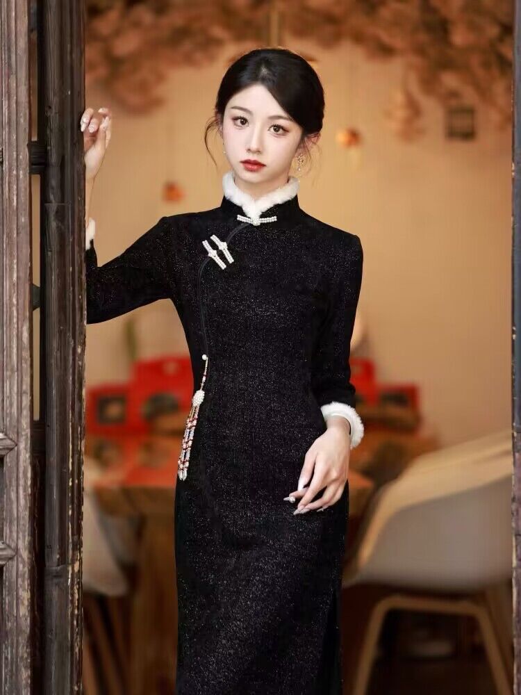 黑色旗袍2023新款改良年輕款少女小個子秋冬季長袖加厚保暖新中式
