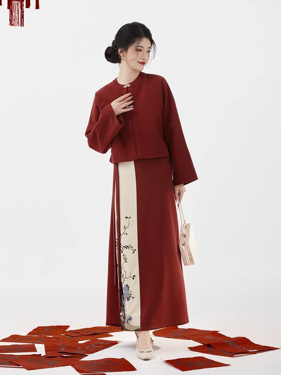 Hanfu made in the Song Dynasty is suitable for autumn and winter women's wear for engagement weddings, round neck short coat and swirl skirt suit 2023 new style