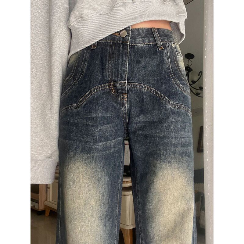 高個子美式復古微喇闊腿牛仔褲女秋冬新款寬鬆高腰辣妹拖地褲子