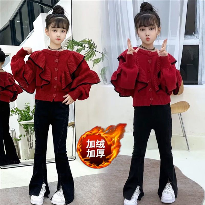 女童毛衣秋冬套裝2023新款網紅中大童洋氣冬季休閒加絨喇叭褲冬裝