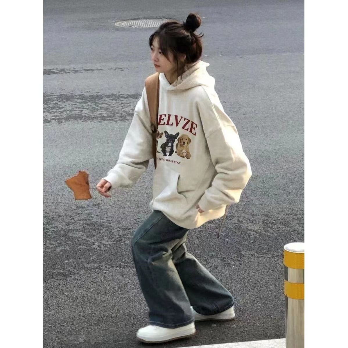 oversize美式慵懶chic小狗連帽衛衣外套女秋冬加絨學院風上衣外套
