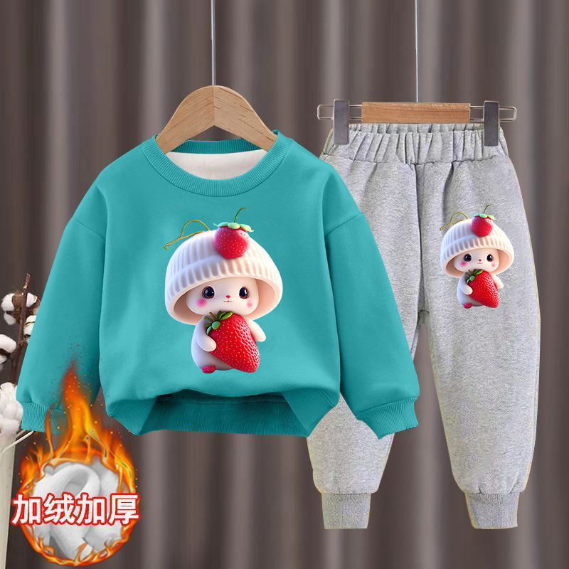 Girls' autumn and winter sweet sweatshirt set  new sports velvet thickened two-piece set Western style cartoon children's clothing