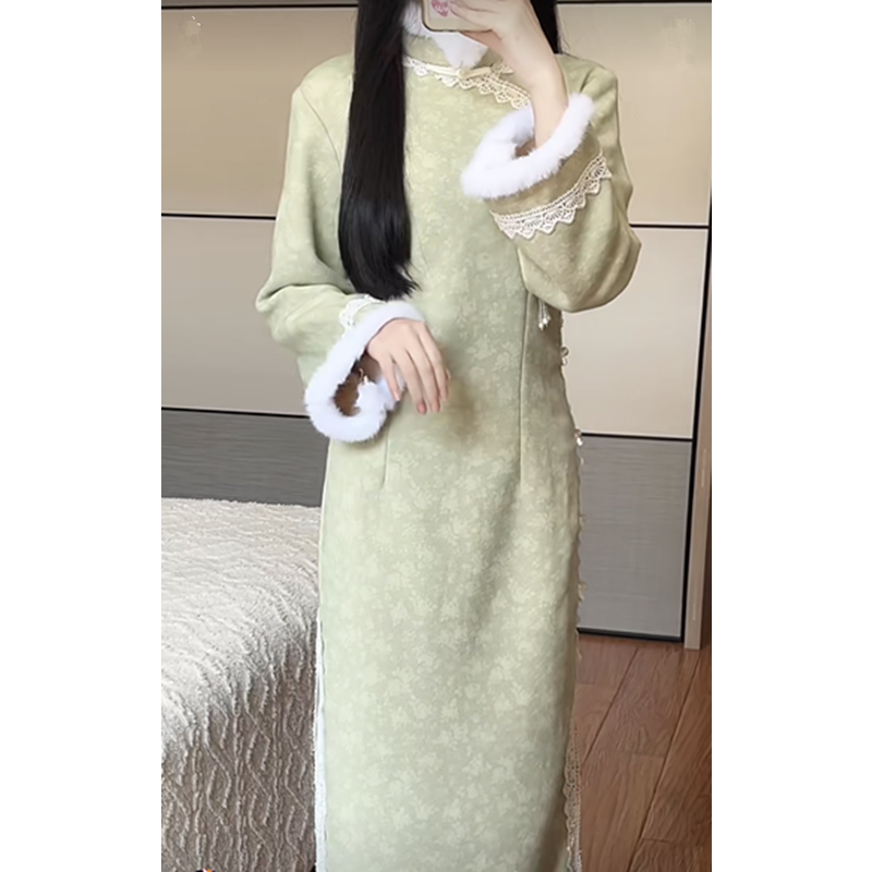 抹茶2023年秋冬季新款綠色系清新優雅旗袍碎花日常氣質連衣裙