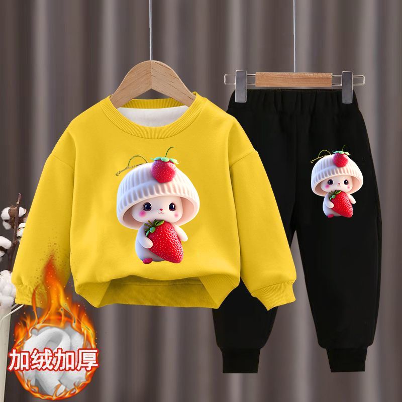 Girls' autumn and winter sweet sweatshirt set  new sports velvet thickened two-piece set Western style cartoon children's clothing