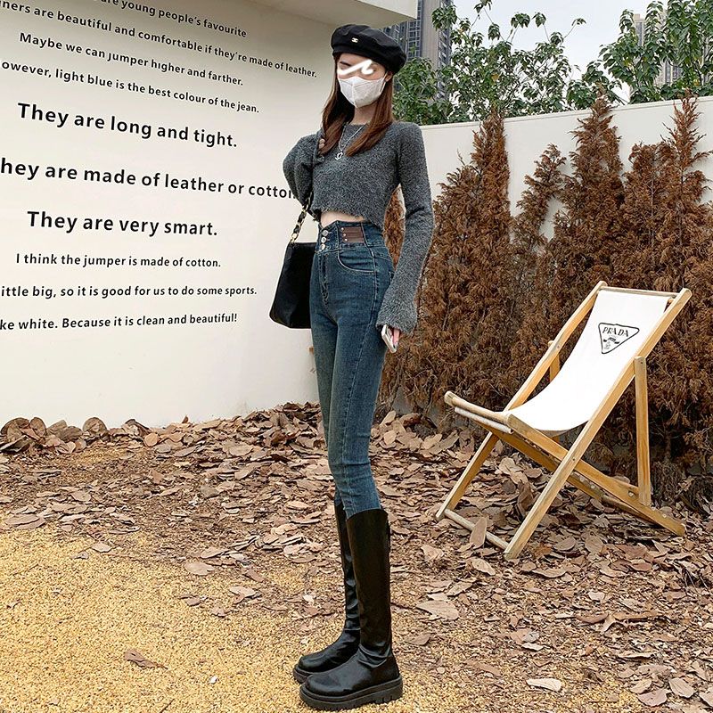 復古藍牛仔褲女2023年高腰時尚洋氣設計感小腳提臀修身緊身鉛筆褲