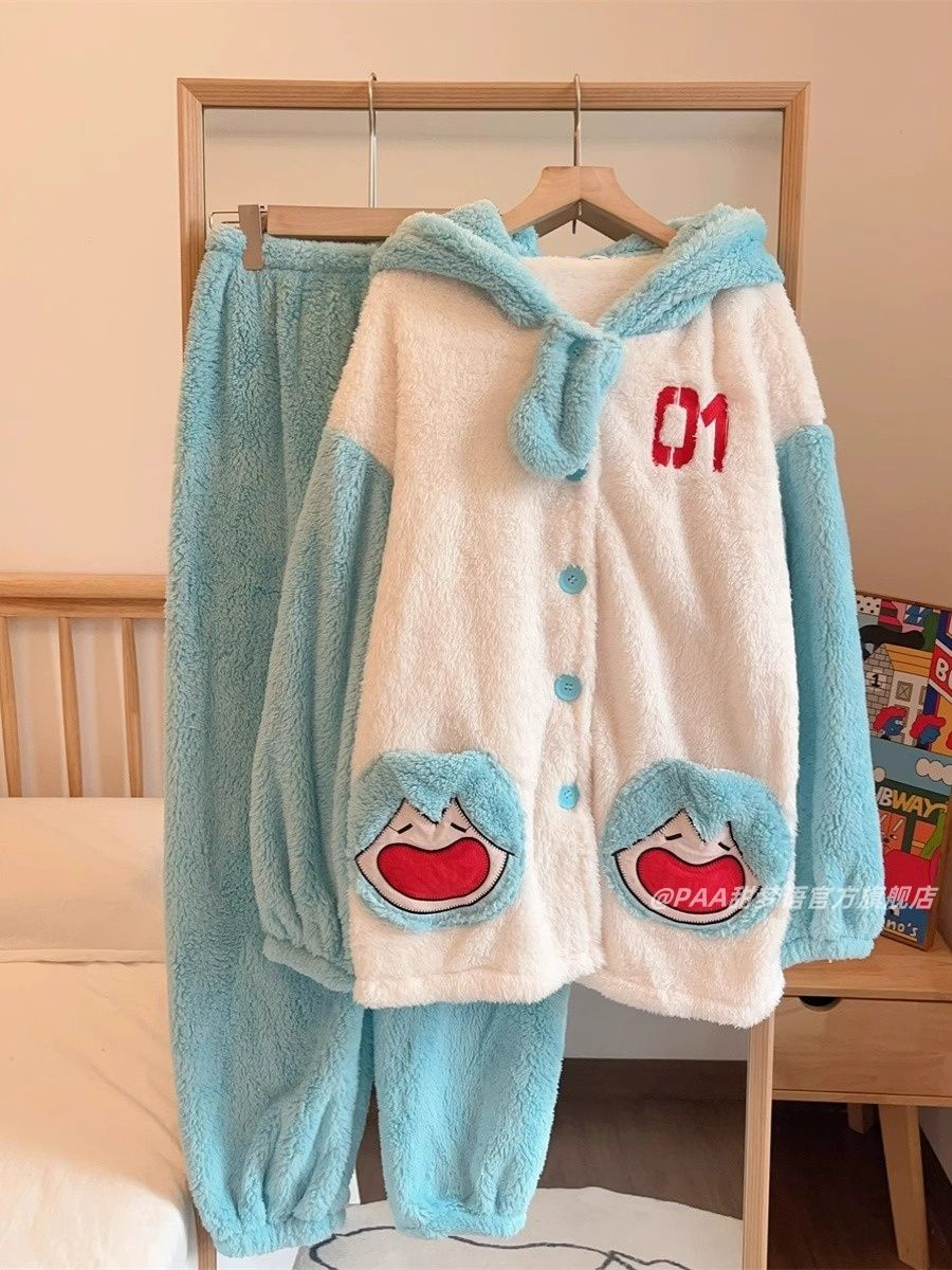 初音未來睡衣冬季加厚珊瑚絨可愛少女風連帽保暖家居服套裝