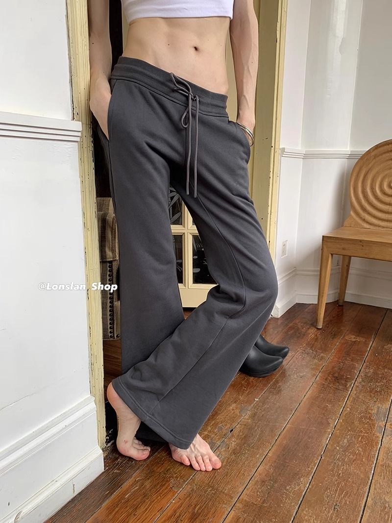 灰色低腰喇叭褲女春秋新款垂感瑜伽馬蹄拖地褲顯瘦抽繩美式微喇褲