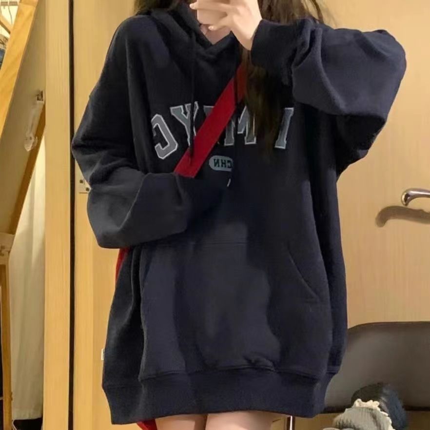 黑色連帽加絨衛衣女秋冬美式復古寬鬆oversize慵懶風小個子上衣