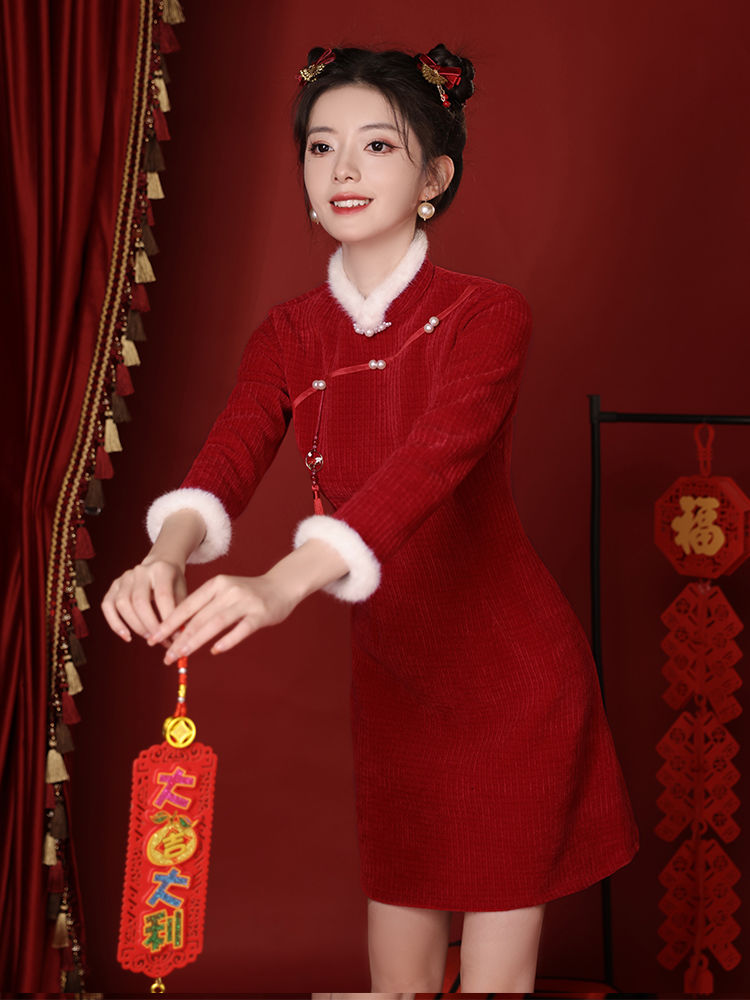 紅色珍珠新中式旗袍唐裝中國風短款小個子少女連衣裙冬季加絨加厚