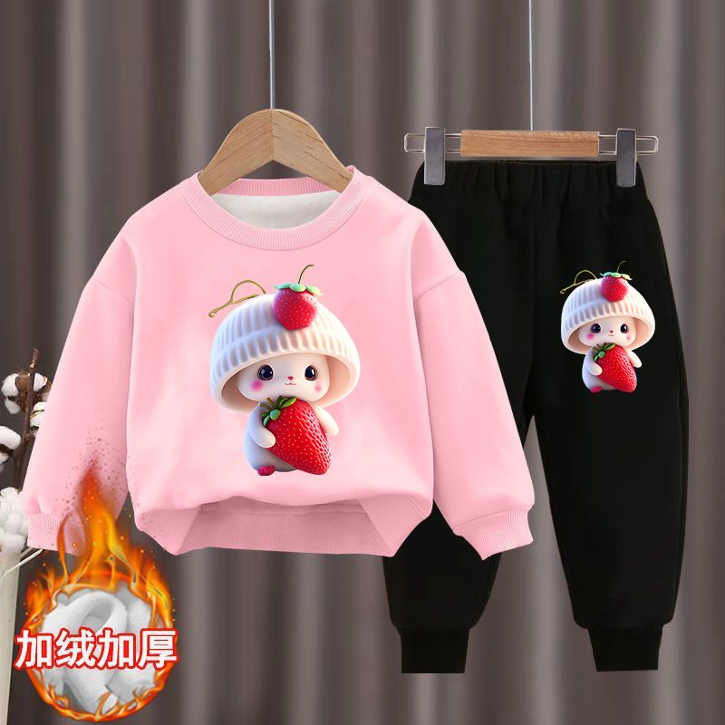 Girls' autumn and winter sweet sweatshirt set  new sports velvet thickened two-piece set Western style cartoon children's clothing