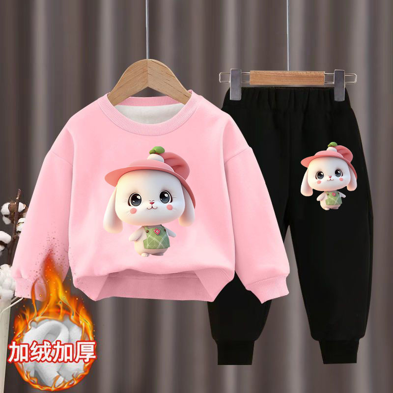 Girls Spring and Autumn Suit New Style Fashionable Velvet Thickened Sweatshirt Two-piece Set for Small and Medium-sized Children Fashionable Winter Clothes for Baby Girls