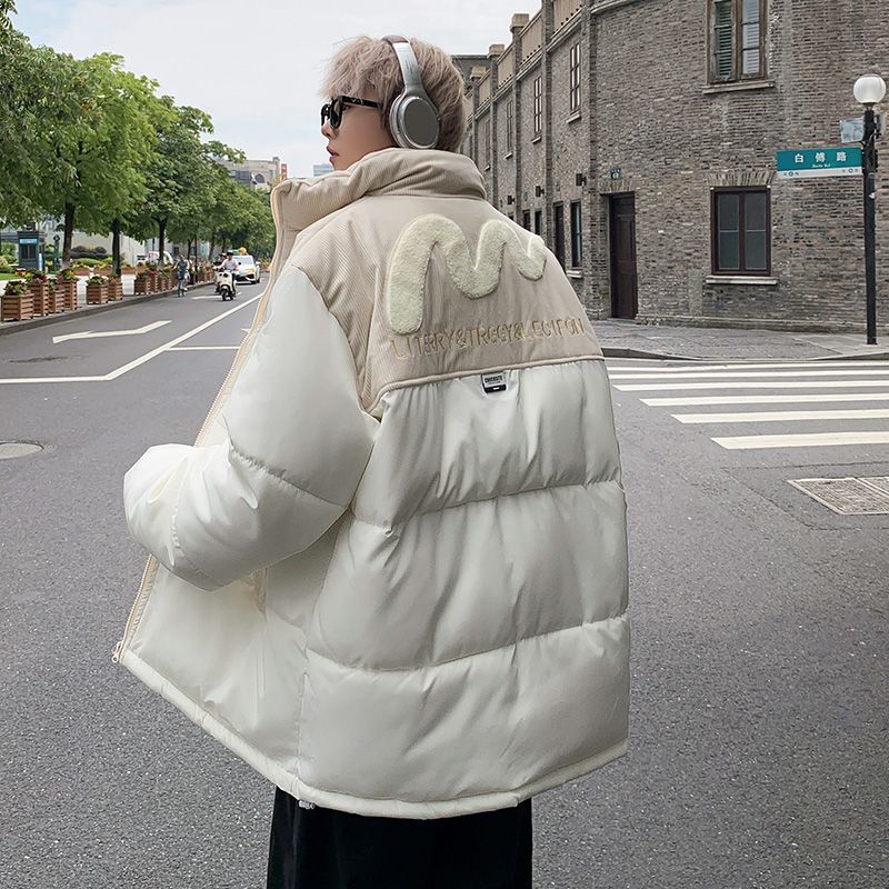 冬季棉服爆款棉衣男生拼接燈芯絨短款棉襖情侶外套加厚立領麵包服