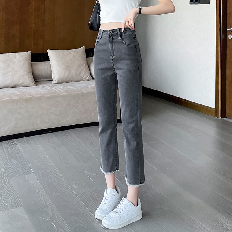煙灰色直筒牛仔褲女春秋22023新款高腰顯瘦小個子九分煙管褲遮肉