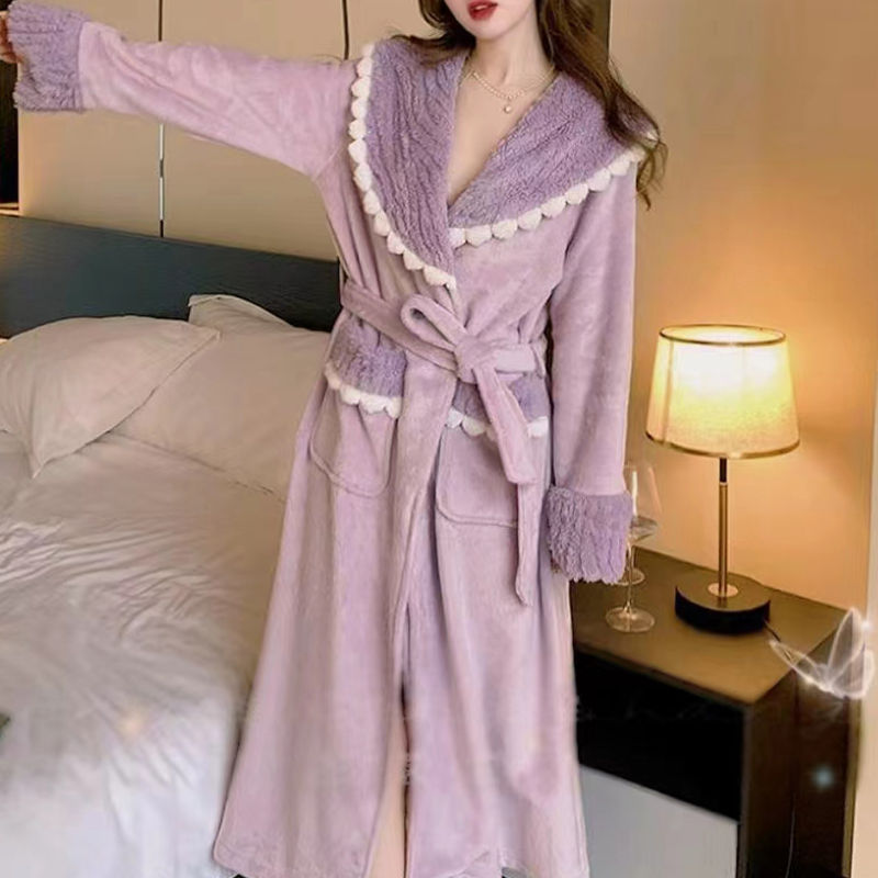 新款温柔紫珊瑚绒睡袍女士秋冬季加厚加绒奢华冬天宽松长款家居服