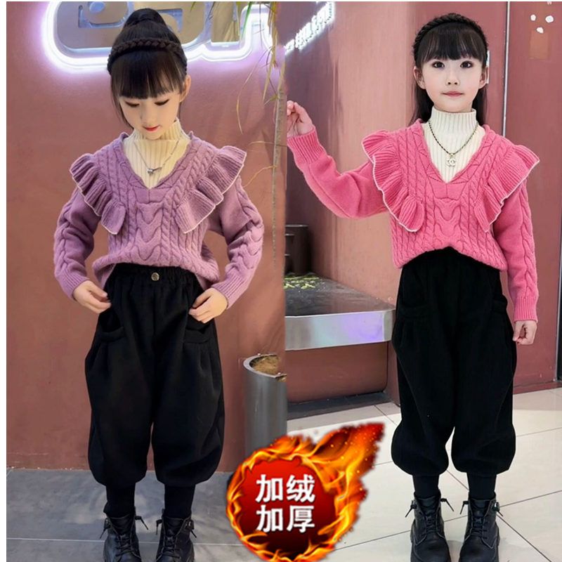女童秋冬毛衣套裝2023新款洋氣女孩冬裝中大童時髦加絨褲子兩件套