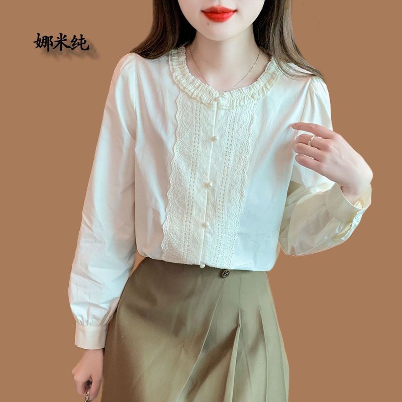 法式純棉襯衫女春秋新款通勤復古小香風上衣小眾別致圓領襯衣小衫