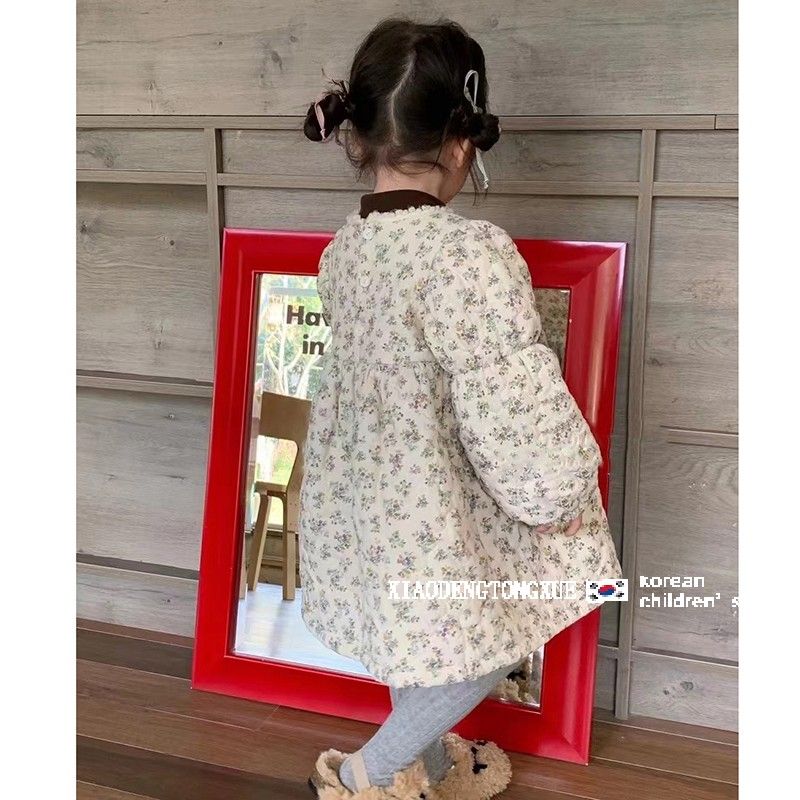 韓系童裝女童新款冬裝碎花保暖夾棉保暖白色連衣裙寶寶時髦公主裙